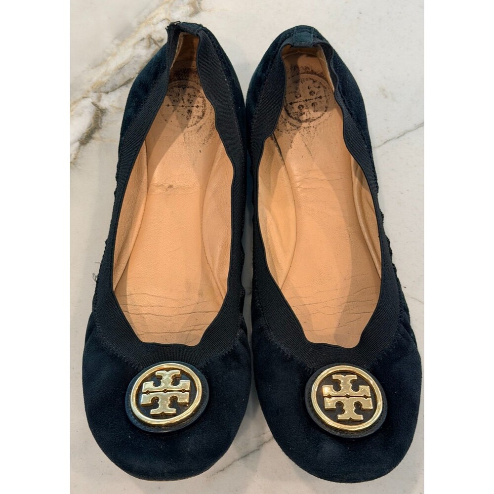 Tory Burch Black Suede Ballet Flats Gold Logo Slip On Women’s 8M